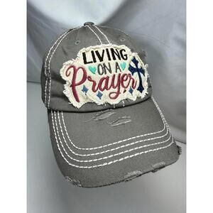 Living On A Prayer Hat Cap Strap Back Womens One Size‎ Gray Distressed Christian